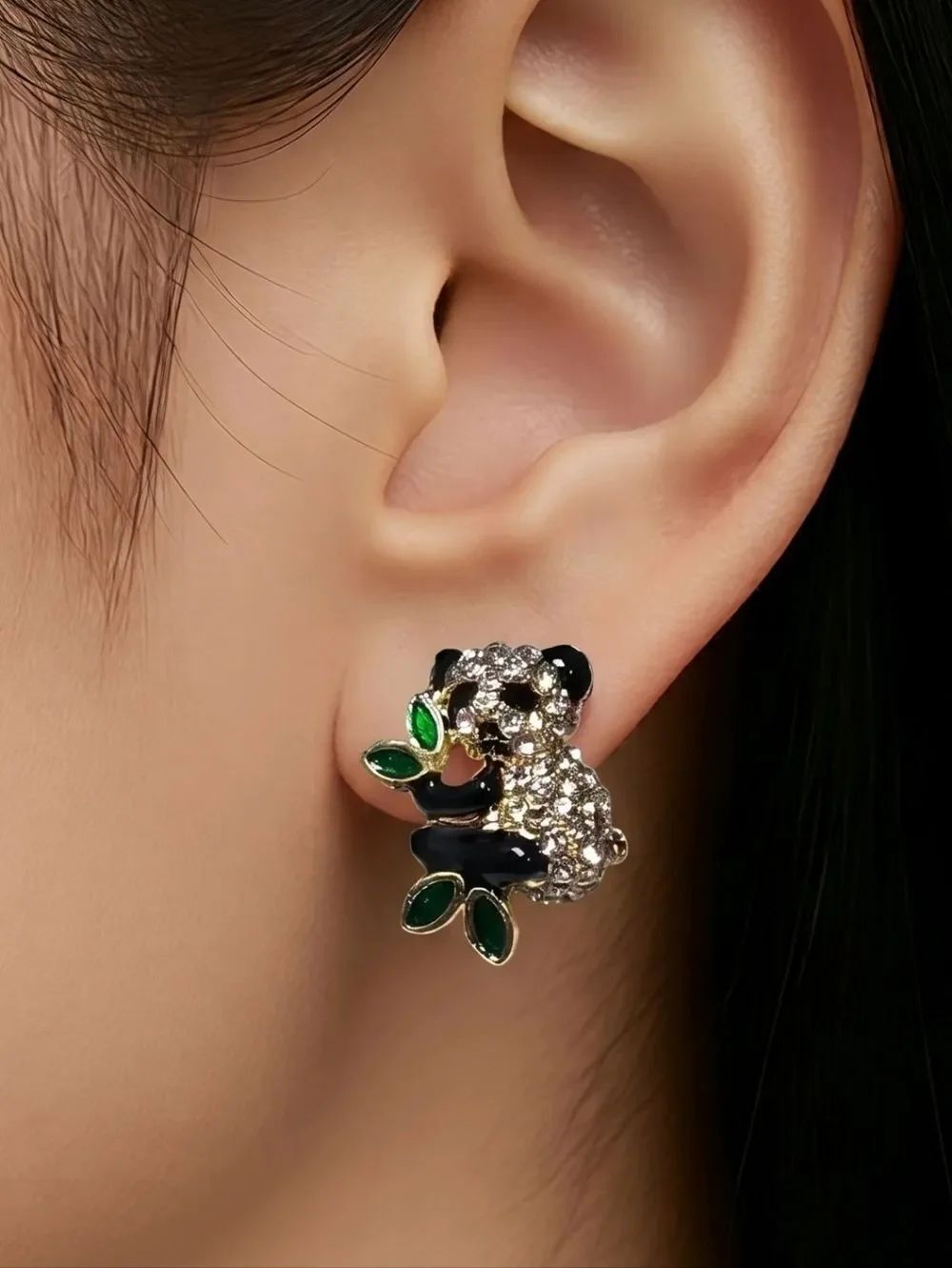 Panda Rhinestone Stud Earrings Gold Tree Branch Sparkly Chic Cute Animal Jewelry